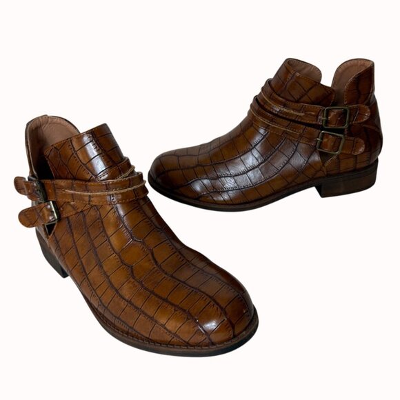 Mata Croc Embossed Ankle Boots Brown Size 8.5 Double Buckle Straps Western Style - Picture 2 of 15